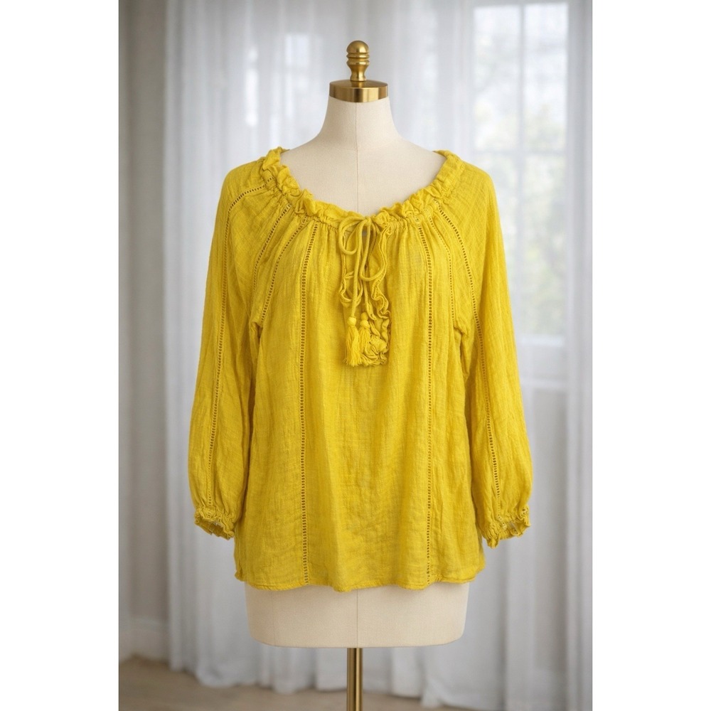 Sundance Popover Boho Top Gold Mustard Yellow Tassel Ruffle Peasant Festival XS